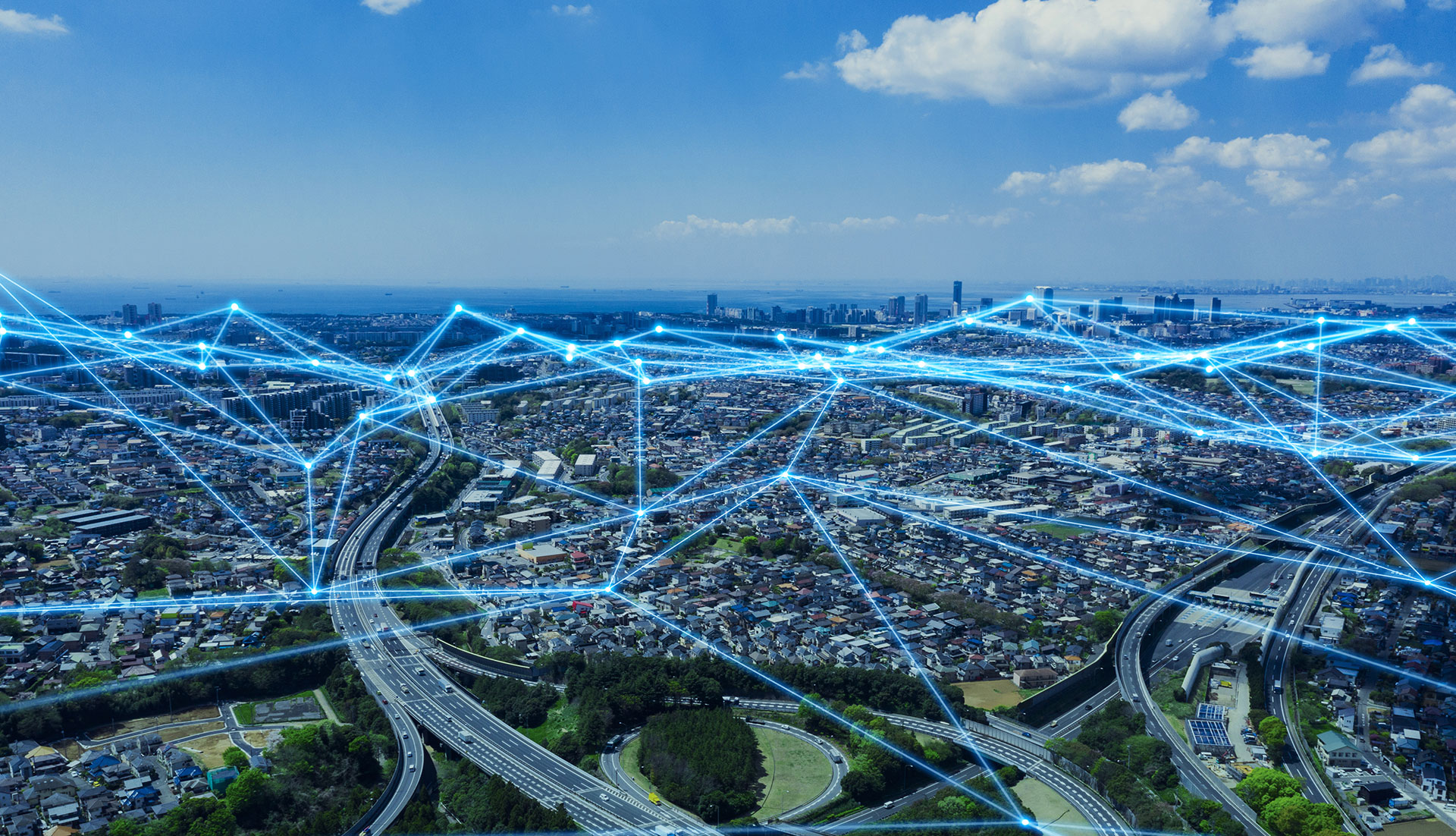 Aerial view of city connected through data